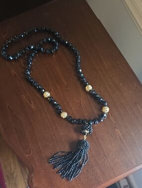 Lisi Lerch Black Beaded Tassel Necklace with Gold Accents